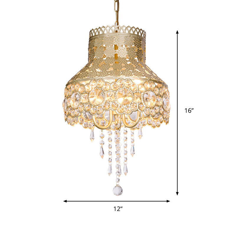 3 Lights Ceiling Chandelier Vintage Urn Shape Metal Pendant Lamp in Brass with Crystal Decoration Clearhalo 'Ceiling Lights' 'Chandeliers' Lighting' options 399730