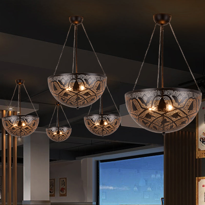 Bowl Restaurant Chandelier Vintage Metal 3-Light Black Hanging Ceiling Lamp with Hollow-Out Spot/Circle/Flower Pattern Clearhalo 'Ceiling Lights' 'Chandeliers' Lighting' options 399768