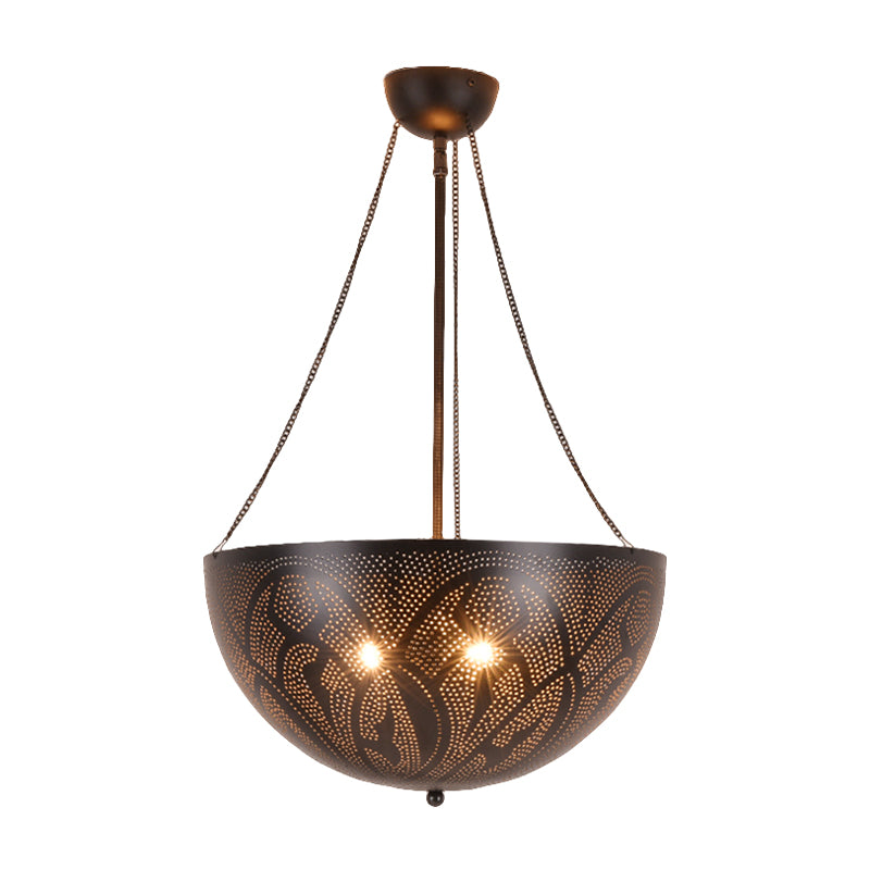 Bowl Restaurant Chandelier Vintage Metal 3-Light Black Hanging Ceiling Lamp with Hollow-Out Spot/Circle/Flower Pattern Clearhalo 'Ceiling Lights' 'Chandeliers' Lighting' options 399770