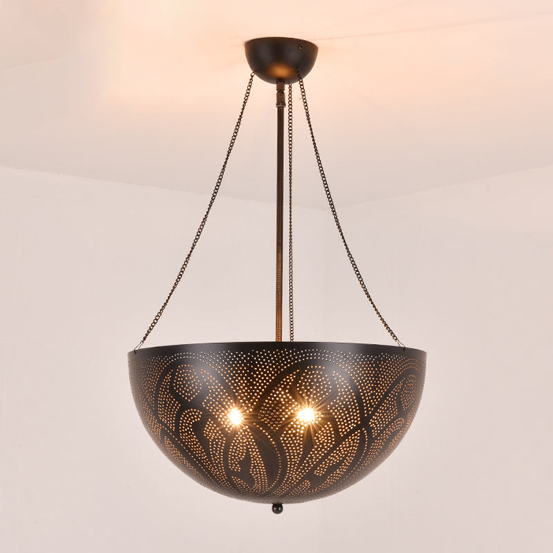 Bowl Restaurant Chandelier Vintage Metal 3-Light Black Hanging Ceiling Lamp with Hollow-Out Spot/Circle/Flower Pattern Clearhalo 'Ceiling Lights' 'Chandeliers' Lighting' options 399771