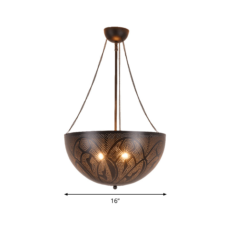 Bowl Restaurant Chandelier Vintage Metal 3-Light Black Hanging Ceiling Lamp with Hollow-Out Spot/Circle/Flower Pattern Clearhalo 'Ceiling Lights' 'Chandeliers' Lighting' options 399772