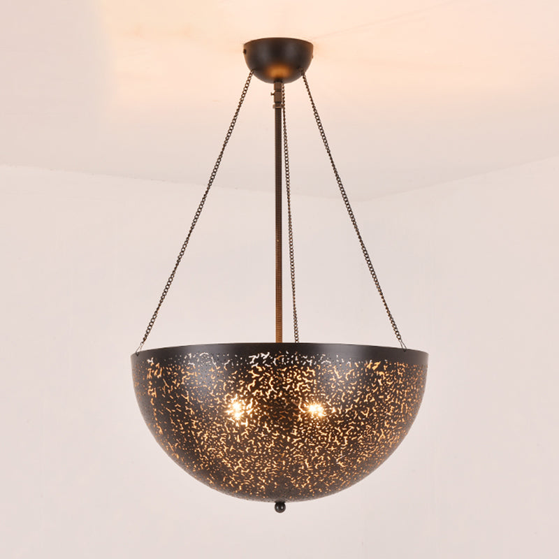 Bowl Restaurant Chandelier Vintage Metal 3-Light Black Hanging Ceiling Lamp with Hollow-Out Spot/Circle/Flower Pattern Clearhalo 'Ceiling Lights' 'Chandeliers' Lighting' options 399774