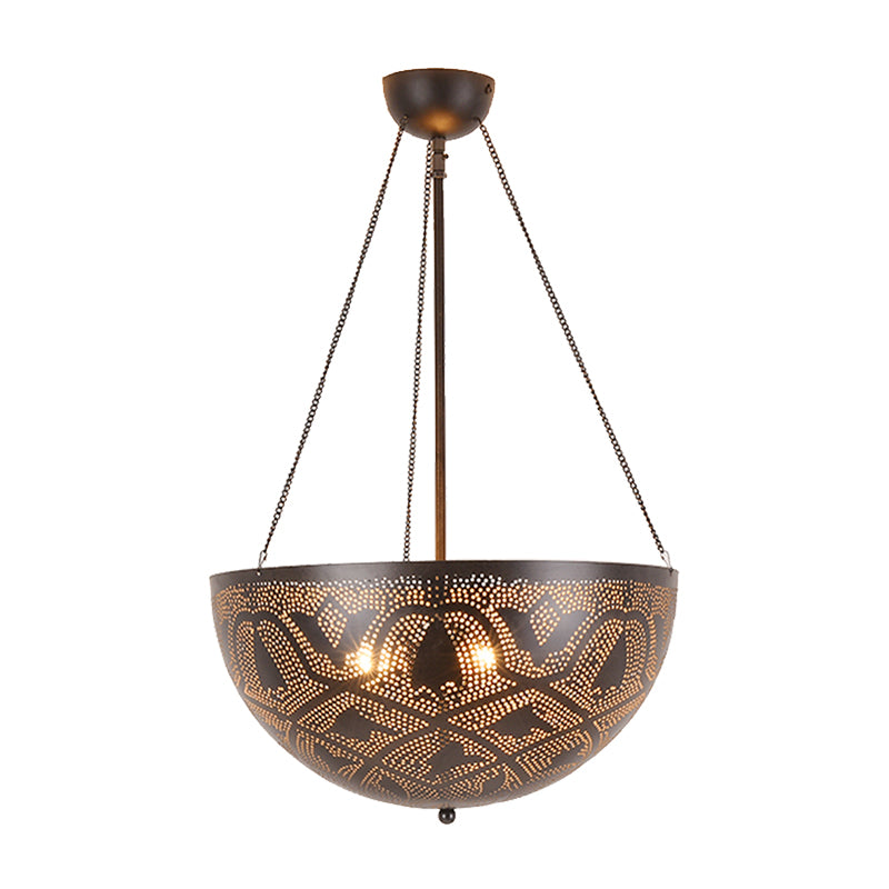 Bowl Restaurant Chandelier Vintage Metal 3-Light Black Hanging Ceiling Lamp with Hollow-Out Spot/Circle/Flower Pattern Clearhalo 'Ceiling Lights' 'Chandeliers' Lighting' options 399775