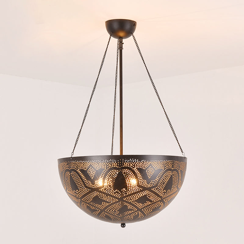 Bowl Restaurant Chandelier Vintage Metal 3-Light Black Hanging Ceiling Lamp with Hollow-Out Spot/Circle/Flower Pattern Clearhalo 'Ceiling Lights' 'Chandeliers' Lighting' options 399776