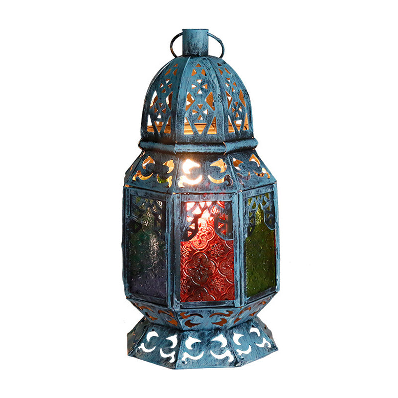 Antiqued Candlestick Desk Light 1 Head Metal Night Table Lamp in Blue with Textured Glass Shade Clearhalo 'Lamps' 'Table Lamps' Lighting' 399807