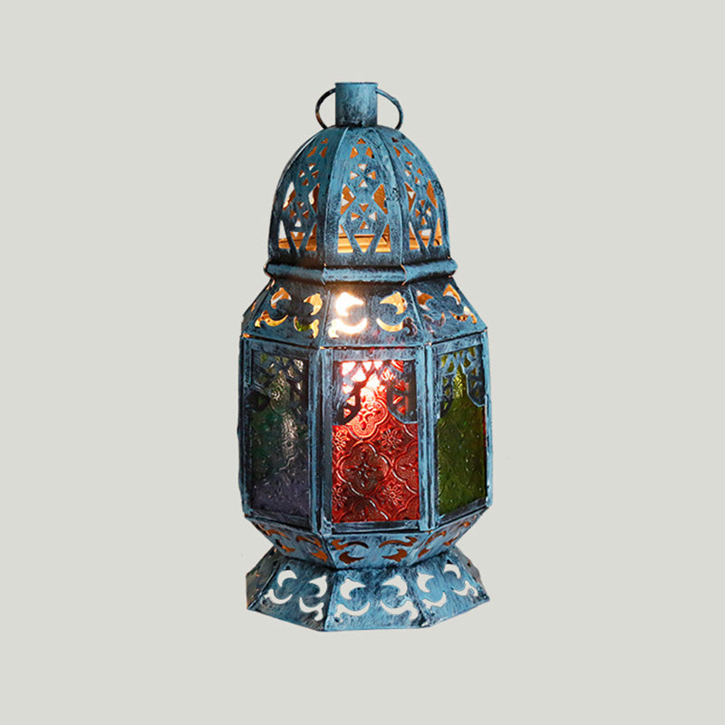 Antiqued Candlestick Desk Light 1 Head Metal Night Table Lamp in Blue with Textured Glass Shade Clearhalo 'Lamps' 'Table Lamps' Lighting' 399808
