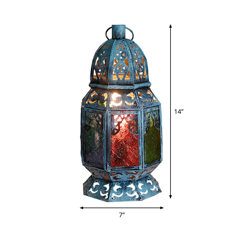 Antiqued Candlestick Desk Light 1 Head Metal Night Table Lamp in Blue with Textured Glass Shade Clearhalo 'Lamps' 'Table Lamps' Lighting' 399809