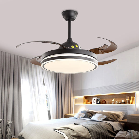 48" W Acrylic Round Hanging Fan Lighting Modern Bedroom LED Semi Flush Mounted Lamp in White/Black, 6 Blades Black Clearhalo 'Ceiling Fans with Lights' 'Ceiling Fans' 'Modern Ceiling Fans' 'Modern' Lighting' 399840