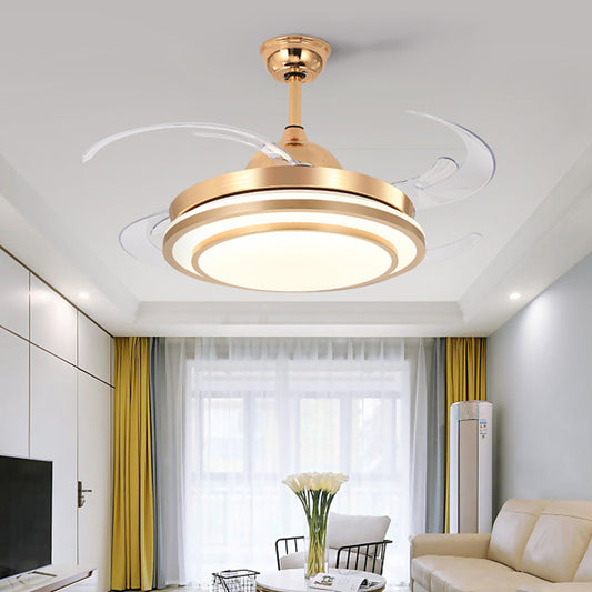 Circular Acrylic Semi Flush Lighting Modernism 48" Wide LED Bedroom Hanging Ceiling Fan Lamp in White/Gold, 4 Blades Gold Clearhalo 'Ceiling Fans with Lights' 'Ceiling Fans' 'Modern Ceiling Fans' 'Modern' Lighting' 399853