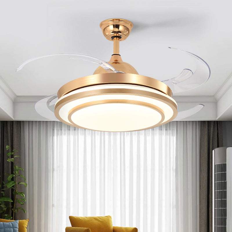 Circular Acrylic Semi Flush Lighting Modernism 48" Wide LED Bedroom Hanging Ceiling Fan Lamp in White/Gold, 4 Blades Clearhalo 'Ceiling Fans with Lights' 'Ceiling Fans' 'Modern Ceiling Fans' 'Modern' Lighting' 399854