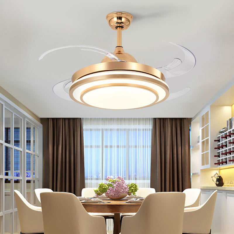 Circular Acrylic Semi Flush Lighting Modernism 48" Wide LED Bedroom Hanging Ceiling Fan Lamp in White/Gold, 4 Blades Clearhalo 'Ceiling Fans with Lights' 'Ceiling Fans' 'Modern Ceiling Fans' 'Modern' Lighting' 399855
