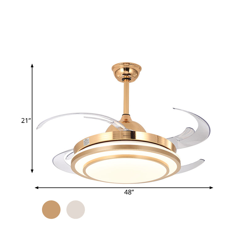 Circular Acrylic Semi Flush Lighting Modernism 48" Wide LED Bedroom Hanging Ceiling Fan Lamp in White/Gold, 4 Blades Clearhalo 'Ceiling Fans with Lights' 'Ceiling Fans' 'Modern Ceiling Fans' 'Modern' Lighting' 399857
