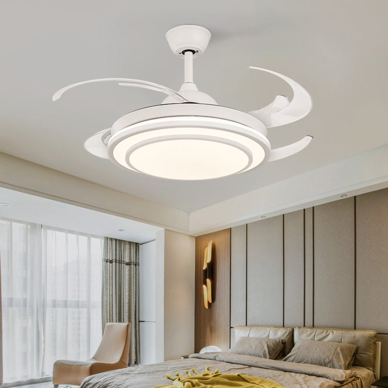Circular Acrylic Semi Flush Lighting Modernism 48" Wide LED Bedroom Hanging Ceiling Fan Lamp in White/Gold, 4 Blades Clearhalo 'Ceiling Fans with Lights' 'Ceiling Fans' 'Modern Ceiling Fans' 'Modern' Lighting' 399859
