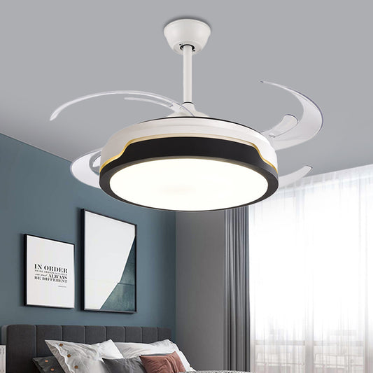 48" W LED Acrylic Semi Flush Mount Light Modern Black/Wood Drum Living Room 4 Blades Pendant Fan Lamp Fixture Black Clearhalo 'Ceiling Fans with Lights' 'Ceiling Fans' 'Modern Ceiling Fans' 'Modern' Lighting' 399861