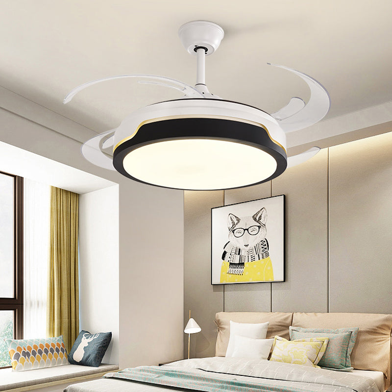 48" W LED Acrylic Semi Flush Mount Light Modern Black/Wood Drum Living Room 4 Blades Pendant Fan Lamp Fixture Clearhalo 'Ceiling Fans with Lights' 'Ceiling Fans' 'Modern Ceiling Fans' 'Modern' Lighting' 399863