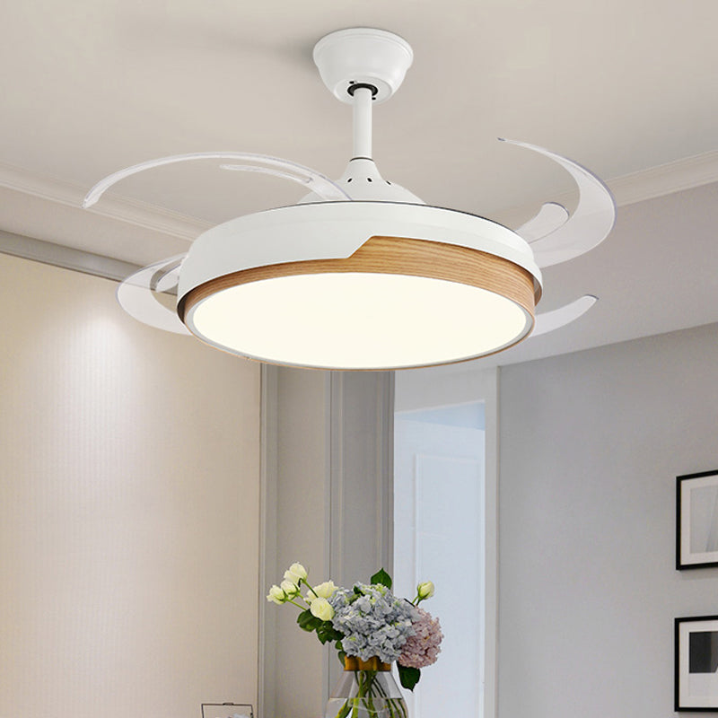 48" W LED Acrylic Semi Flush Mount Light Modern Black/Wood Drum Living Room 4 Blades Pendant Fan Lamp Fixture Wood Clearhalo 'Ceiling Fans with Lights' 'Ceiling Fans' 'Modern Ceiling Fans' 'Modern' Lighting' 399866