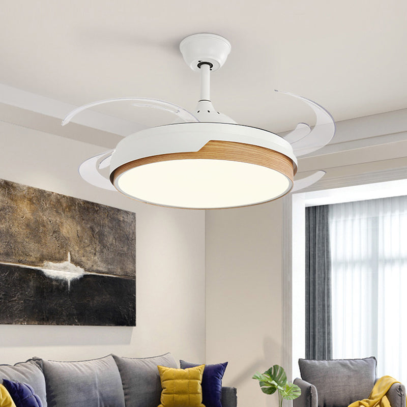 48" W LED Acrylic Semi Flush Mount Light Modern Black/Wood Drum Living Room 4 Blades Pendant Fan Lamp Fixture Clearhalo 'Ceiling Fans with Lights' 'Ceiling Fans' 'Modern Ceiling Fans' 'Modern' Lighting' 399867