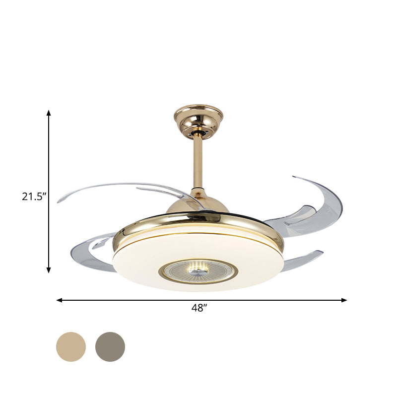 Acrylic Round Semi Flushmount Modern Bedroom 48" Wide LED Hanging Fan Light Fixture in Nickel/Gold with 4 Blades Clearhalo 'Ceiling Fans with Lights' 'Ceiling Fans' 'Modern Ceiling Fans' 'Modern' Lighting' 399878