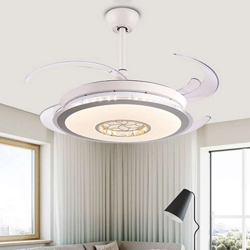 48" W LED Circle Semi Flush Lighting Modernism White Acrylic 4 Clear Blades Ceiling Pendant Fan Lamp for Bedroom White Clearhalo 'Ceiling Fans with Lights' 'Ceiling Fans' 'Modern Ceiling Fans' 'Modern' Lighting' 399881