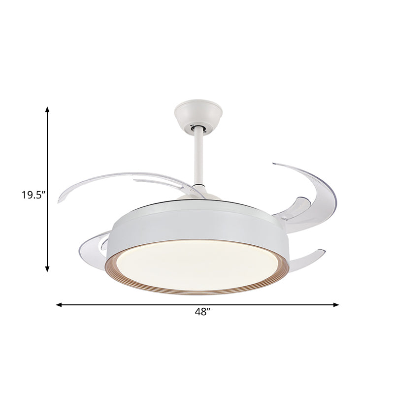 Round Acrylic Hanging Fan Light Minimalist LED Bedroom Semi Flush Mount Lamp in White with 4 Blades, 48" W Clearhalo 'Ceiling Fans with Lights' 'Ceiling Fans' 'Modern Ceiling Fans' 'Modern' Lighting' 399890