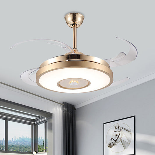 Gold Drum Pendant Fan Lamp Fixture Modernist Acrylic Living Room 4 Blades LED Semi Flushmount, 48" Wide Gold Clearhalo 'Ceiling Fans with Lights' 'Ceiling Fans' 'Modern Ceiling Fans' 'Modern' Lighting' 399891