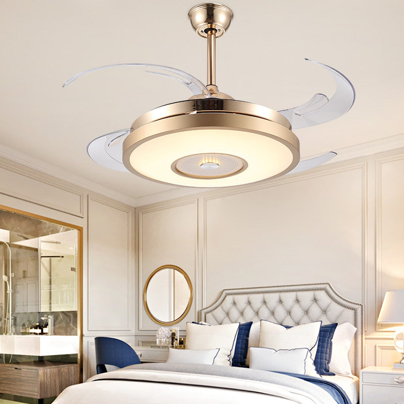 Gold Drum Pendant Fan Lamp Fixture Modernist Acrylic Living Room 4 Blades LED Semi Flushmount, 48" Wide Clearhalo 'Ceiling Fans with Lights' 'Ceiling Fans' 'Modern Ceiling Fans' 'Modern' Lighting' 399892