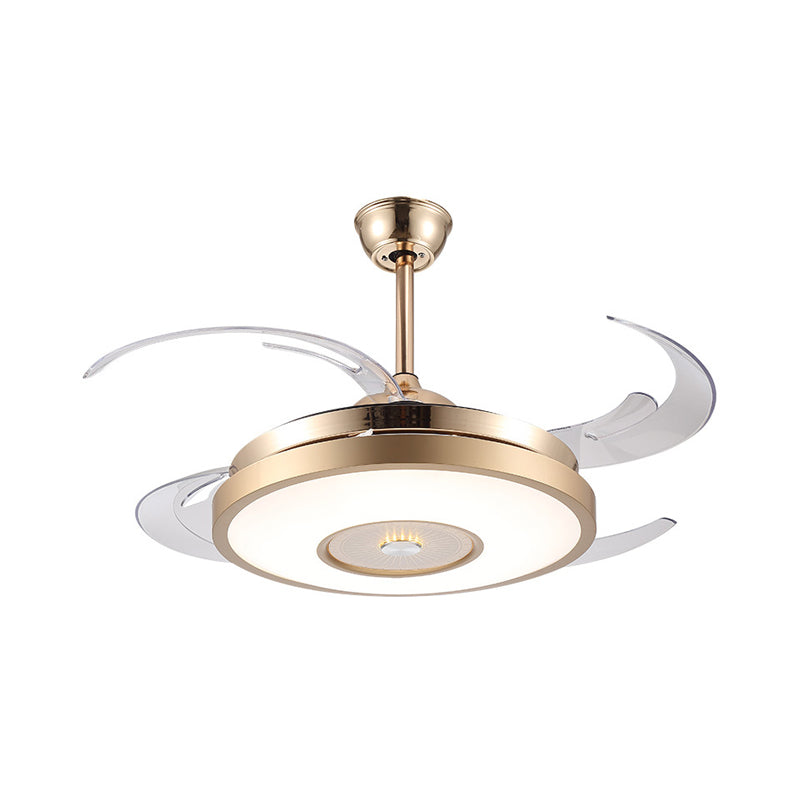 Gold Drum Pendant Fan Lamp Fixture Modernist Acrylic Living Room 4 Blades LED Semi Flushmount, 48" Wide Clearhalo 'Ceiling Fans with Lights' 'Ceiling Fans' 'Modern Ceiling Fans' 'Modern' Lighting' 399893