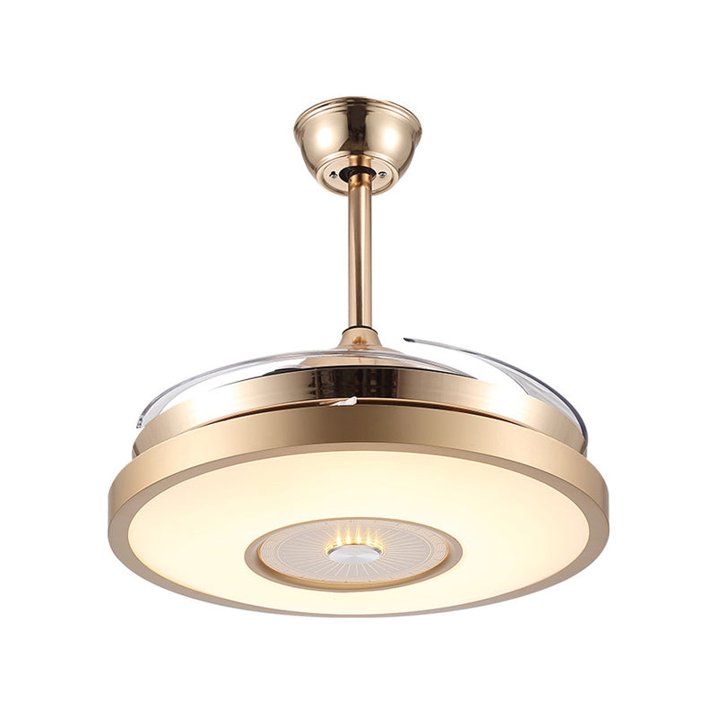 Gold Drum Pendant Fan Lamp Fixture Modernist Acrylic Living Room 4 Blades LED Semi Flushmount, 48" Wide Clearhalo 'Ceiling Fans with Lights' 'Ceiling Fans' 'Modern Ceiling Fans' 'Modern' Lighting' 399894