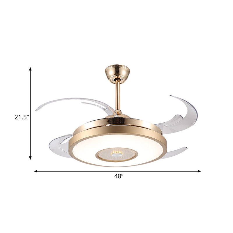 Gold Drum Pendant Fan Lamp Fixture Modernist Acrylic Living Room 4 Blades LED Semi Flushmount, 48" Wide Clearhalo 'Ceiling Fans with Lights' 'Ceiling Fans' 'Modern Ceiling Fans' 'Modern' Lighting' 399895