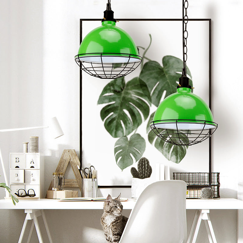 Bowl Shade Indoor Pendant Light Retro Industrial Metal 1 Bulb Black/White/Red Ceiling Light with Wire Guard and Chain Green Clearhalo 'Art Deco Pendants' 'Black' 'Cast Iron' 'Ceiling Lights' 'Ceramic' 'Crystal' 'Industrial Pendants' 'Industrial' 'Metal' 'Middle Century Pendants' 'Pendant Lights' 'Pendants' 'Rustic Pendants' 'Tiffany' Lighting' 39990