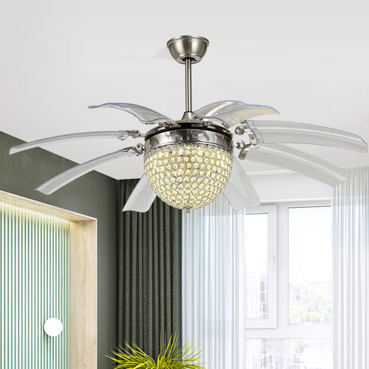Dome Living Room Fan Lighting Fixture Modern Crystal 48" W LED Silver Semi Flush Mounted Lamp with 8 Clear Blades Silver Clearhalo 'Ceiling Fans with Lights' 'Ceiling Fans' 'Modern Ceiling Fans' 'Modern' Lighting' 399916
