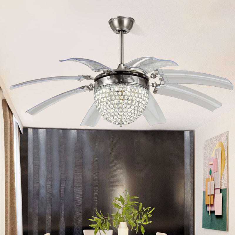 Dome Living Room Fan Lighting Fixture Modern Crystal 48" W LED Silver Semi Flush Mounted Lamp with 8 Clear Blades Clearhalo 'Ceiling Fans with Lights' 'Ceiling Fans' 'Modern Ceiling Fans' 'Modern' Lighting' 399918