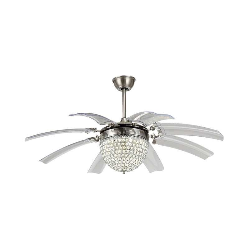 Dome Living Room Fan Lighting Fixture Modern Crystal 48" W LED Silver Semi Flush Mounted Lamp with 8 Clear Blades Clearhalo 'Ceiling Fans with Lights' 'Ceiling Fans' 'Modern Ceiling Fans' 'Modern' Lighting' 399919