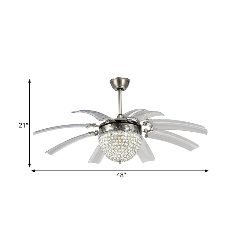Dome Living Room Fan Lighting Fixture Modern Crystal 48" W LED Silver Semi Flush Mounted Lamp with 8 Clear Blades Clearhalo 'Ceiling Fans with Lights' 'Ceiling Fans' 'Modern Ceiling Fans' 'Modern' Lighting' 399920