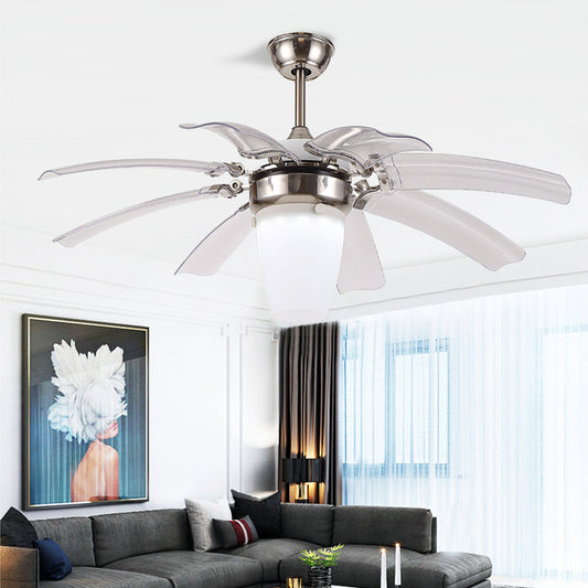 48" W LED Semi Flushmount Contemporary Cone Opal Glass 8 Blades Ceiling Fan Lighting in Silver for Bedroom Clearhalo 'Ceiling Fans with Lights' 'Ceiling Fans' 'Modern Ceiling Fans' 'Modern' Lighting' 399927