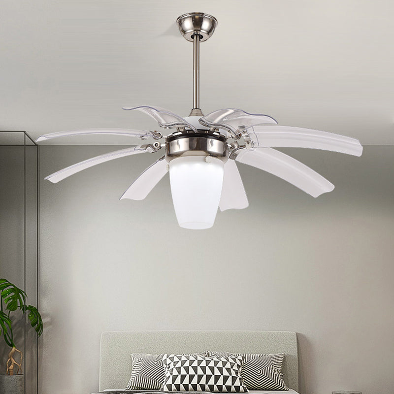 48" W LED Semi Flushmount Contemporary Cone Opal Glass 8 Blades Ceiling Fan Lighting in Silver for Bedroom Clearhalo 'Ceiling Fans with Lights' 'Ceiling Fans' 'Modern Ceiling Fans' 'Modern' Lighting' 399928