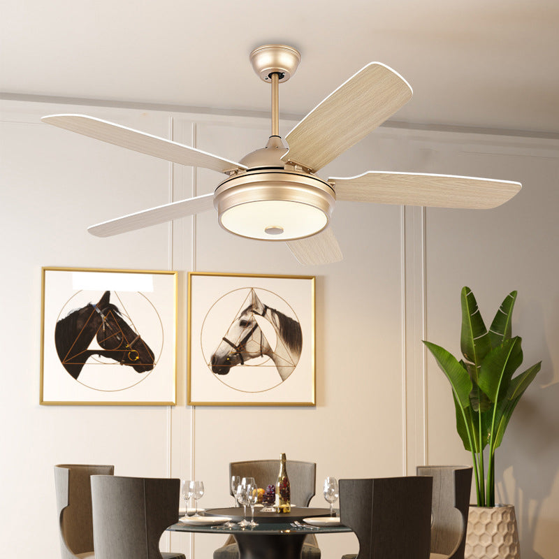 52" Wide LED Metal Hanging Fan Light Modernist Gold Drum Living Room 5 Blades Semi Flushmount with Acrylic Shade Gold Clearhalo 'Ceiling Fans with Lights' 'Ceiling Fans' 'Modern Ceiling Fans' 'Modern' Lighting' 399941