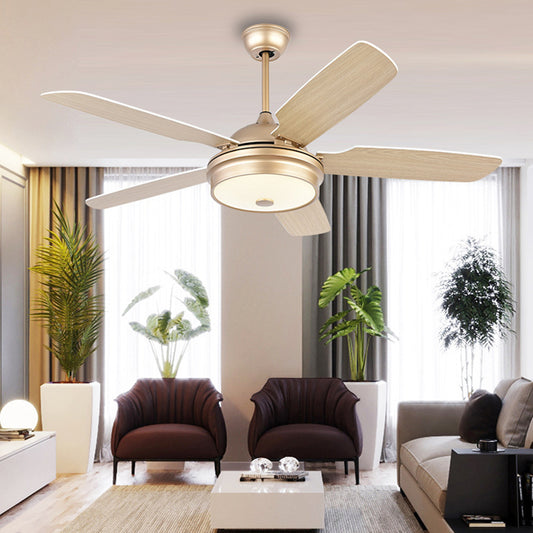 52" Wide LED Metal Hanging Fan Light Modernist Gold Drum Living Room 5 Blades Semi Flushmount with Acrylic Shade Clearhalo 'Ceiling Fans with Lights' 'Ceiling Fans' 'Modern Ceiling Fans' 'Modern' Lighting' 399942