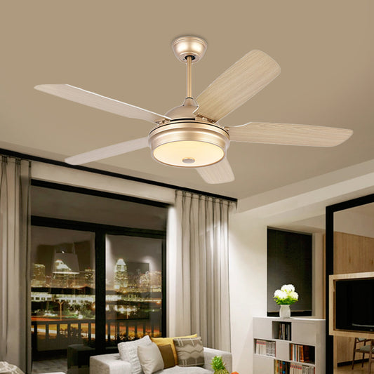 52" Wide LED Metal Hanging Fan Light Modernist Gold Drum Living Room 5 Blades Semi Flushmount with Acrylic Shade Clearhalo 'Ceiling Fans with Lights' 'Ceiling Fans' 'Modern Ceiling Fans' 'Modern' Lighting' 399943