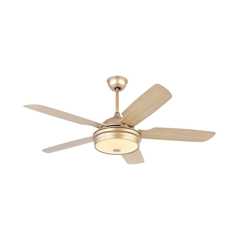 52" Wide LED Metal Hanging Fan Light Modernist Gold Drum Living Room 5 Blades Semi Flushmount with Acrylic Shade Clearhalo 'Ceiling Fans with Lights' 'Ceiling Fans' 'Modern Ceiling Fans' 'Modern' Lighting' 399944