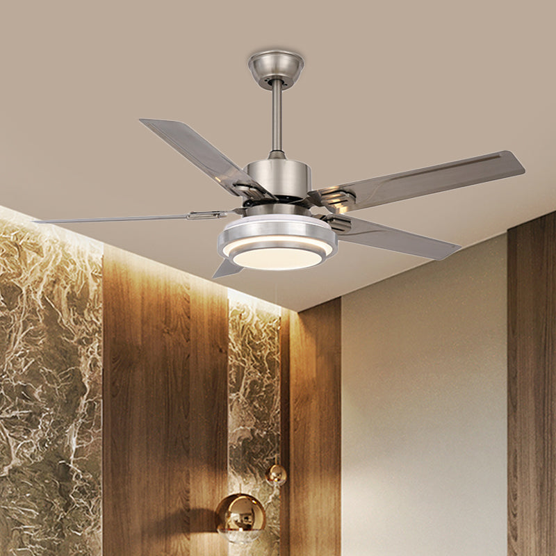 Metallic Circle Pendant Fan Light Modernism Bedroom 48" W LED Semi Flush Mount Lamp in Nickel with 5 Silver Blades, Frequency Conversion/General Clearhalo 'Ceiling Fans with Lights' 'Ceiling Fans' 'Modern Ceiling Fans' 'Modern' Lighting' 399952