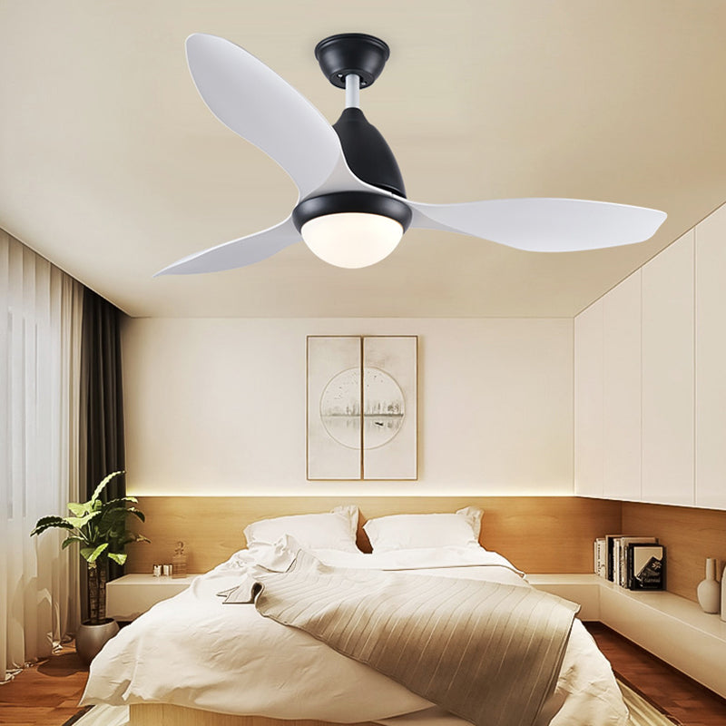 Black Dome Semi Flush Mount Modern Metallic Bedroom LED Hanging Pendant Fan Light with 3 White Blades, 48" Wide Clearhalo 'Ceiling Fans with Lights' 'Ceiling Fans' 'Modern Ceiling Fans' 'Modern' Lighting' 399993