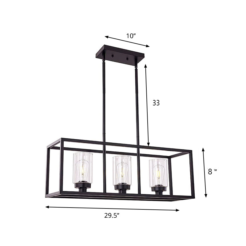 Cylinder Shade Clear Glass Pendant Industrial 3/5 Lights Dinette Up/Down Island Lamp with Rectangle Frame in Black Clearhalo 'Ceiling Lights' 'Island Lights' Lighting' 3_05f3e6f9-9d96-4843-9b15-e311bc220375