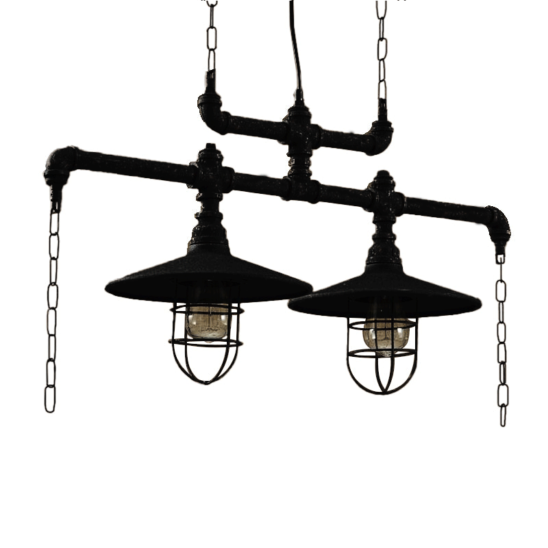 2/3 Heads Saucer Island Lighting Steampunk Black Iron Hanging Light Fixture with Cage and Chain Deco 2 Black Clearhalo 'Ceiling Lights' 'Island Lights' Lighting' 3_374a4151-ab02-4ae2-85a9-4333fb7328b3