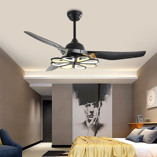 Acrylic White/Black Semi Flushmount Flower Contemporary 52" W LED Pendant Ceiling Fan Light for Living Room, 3 Blades Black Clearhalo 'Ceiling Fans with Lights' 'Ceiling Fans' 'Modern Ceiling Fans' 'Modern' Lighting' 400016