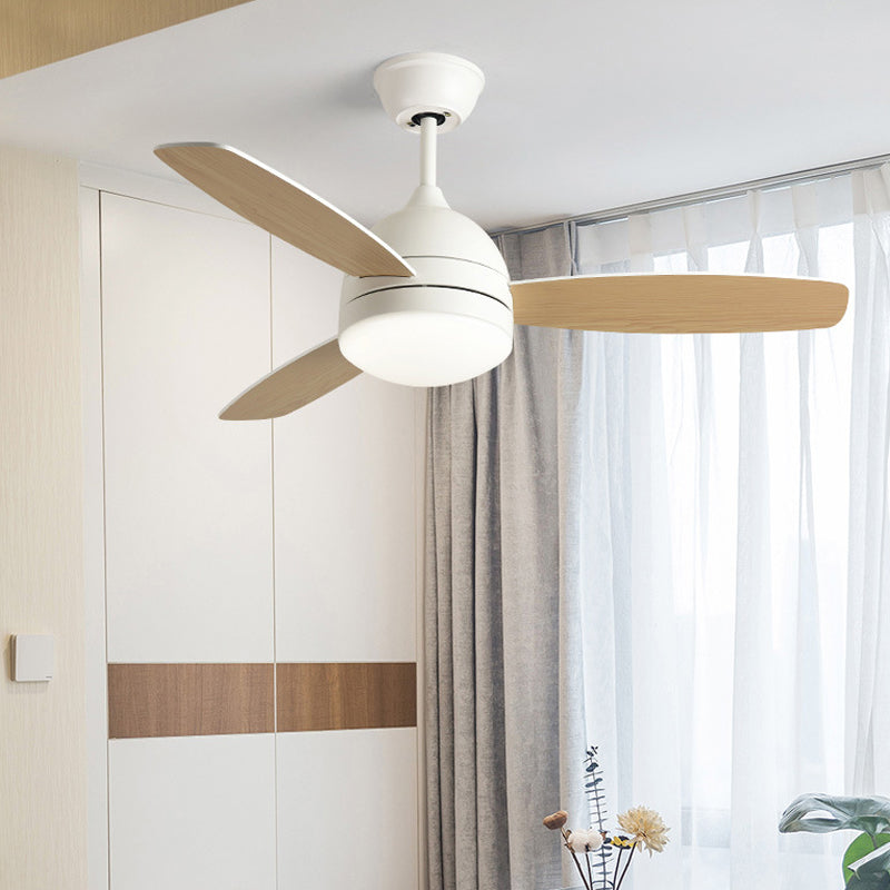 White/Black LED Hanging Fan Light Modernist Metallic Dome Semi Flush Mounted Lamp with 3 Wood Blades, 42" W White Clearhalo 'Ceiling Fans with Lights' 'Ceiling Fans' 'Modern Ceiling Fans' 'Modern' Lighting' 400052