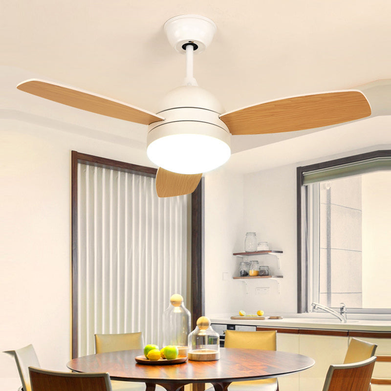 White/Black LED Hanging Fan Light Modernist Metallic Dome Semi Flush Mounted Lamp with 3 Wood Blades, 42" W Clearhalo 'Ceiling Fans with Lights' 'Ceiling Fans' 'Modern Ceiling Fans' 'Modern' Lighting' 400053