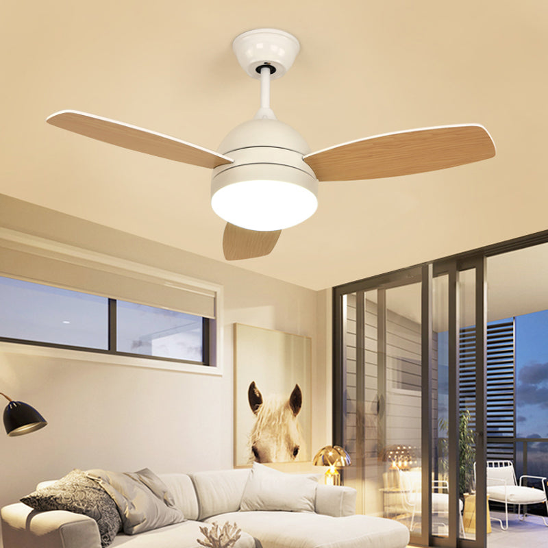 White/Black LED Hanging Fan Light Modernist Metallic Dome Semi Flush Mounted Lamp with 3 Wood Blades, 42" W Clearhalo 'Ceiling Fans with Lights' 'Ceiling Fans' 'Modern Ceiling Fans' 'Modern' Lighting' 400054
