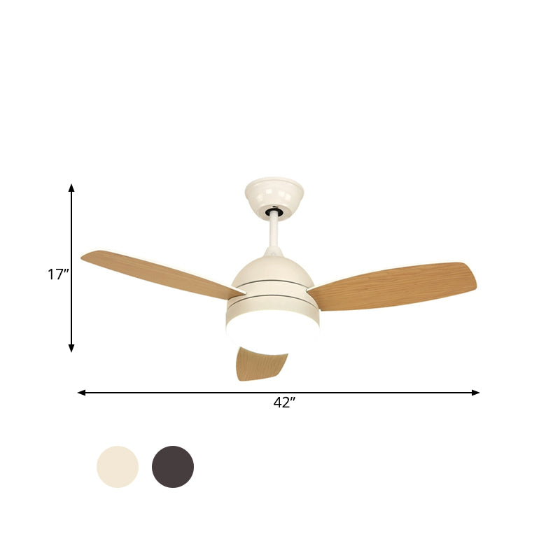 White/Black LED Hanging Fan Light Modernist Metallic Dome Semi Flush Mounted Lamp with 3 Wood Blades, 42" W Clearhalo 'Ceiling Fans with Lights' 'Ceiling Fans' 'Modern Ceiling Fans' 'Modern' Lighting' 400056