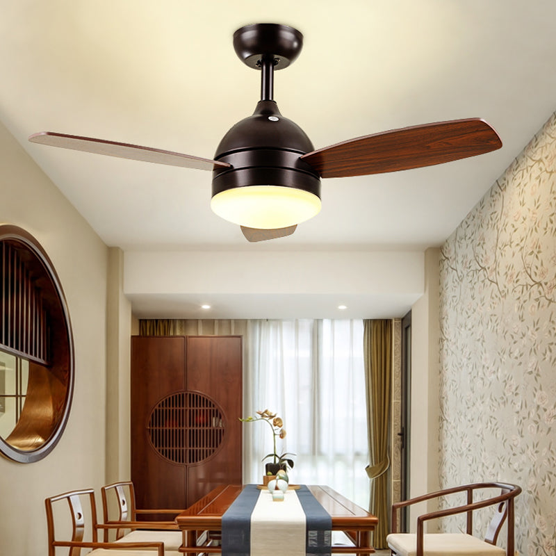 White/Black LED Hanging Fan Light Modernist Metallic Dome Semi Flush Mounted Lamp with 3 Wood Blades, 42" W Clearhalo 'Ceiling Fans with Lights' 'Ceiling Fans' 'Modern Ceiling Fans' 'Modern' Lighting' 400059
